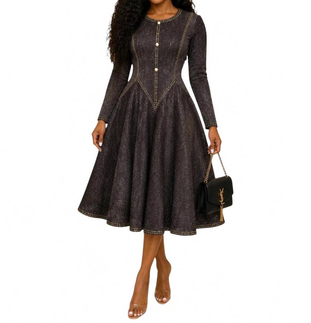 NEW KAREN T DESIGN long-sleeve a-line bouncy dress in dark wash